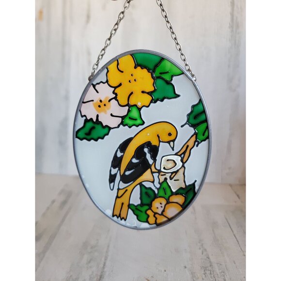 Stained glass oval bird flower hanging home decor figure unique - Picture 3 of 6